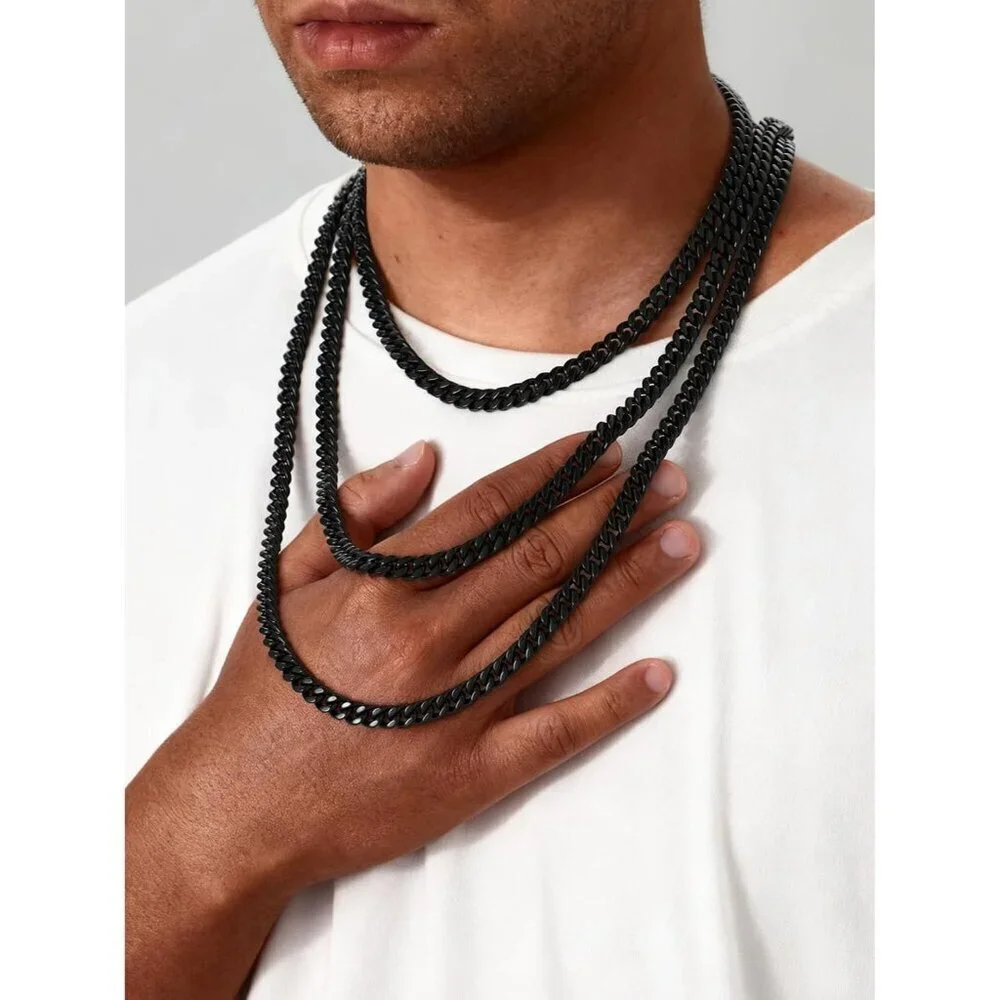 Men's 9MM Width-Black Stainless Steel Miami Cuban Curb Link Chain Necklace